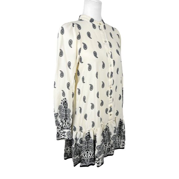 H&M Dress Women Small Beige Black Paisley All Over Print Long Sleeve Peplum Mini - Picture 3 of 15
